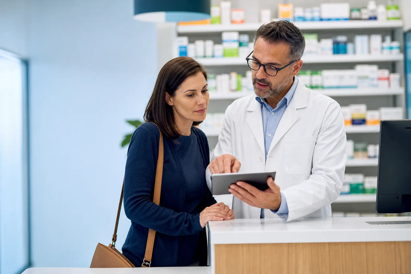 Pharmacist helping a customer compare prescription information