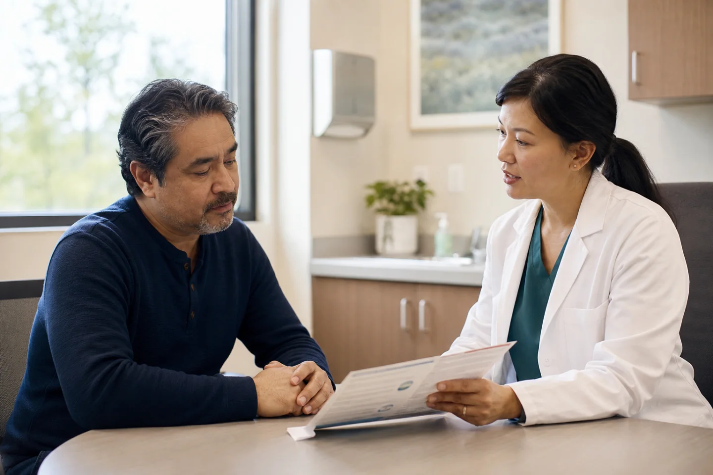 Patient discussing a colonoscopy with a clinician