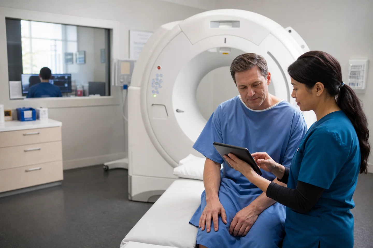Patient and technologist in a CT suite