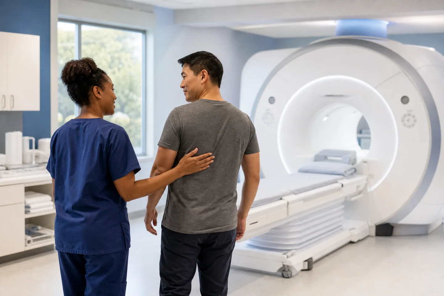 Patient and technologist preparing for outpatient imaging